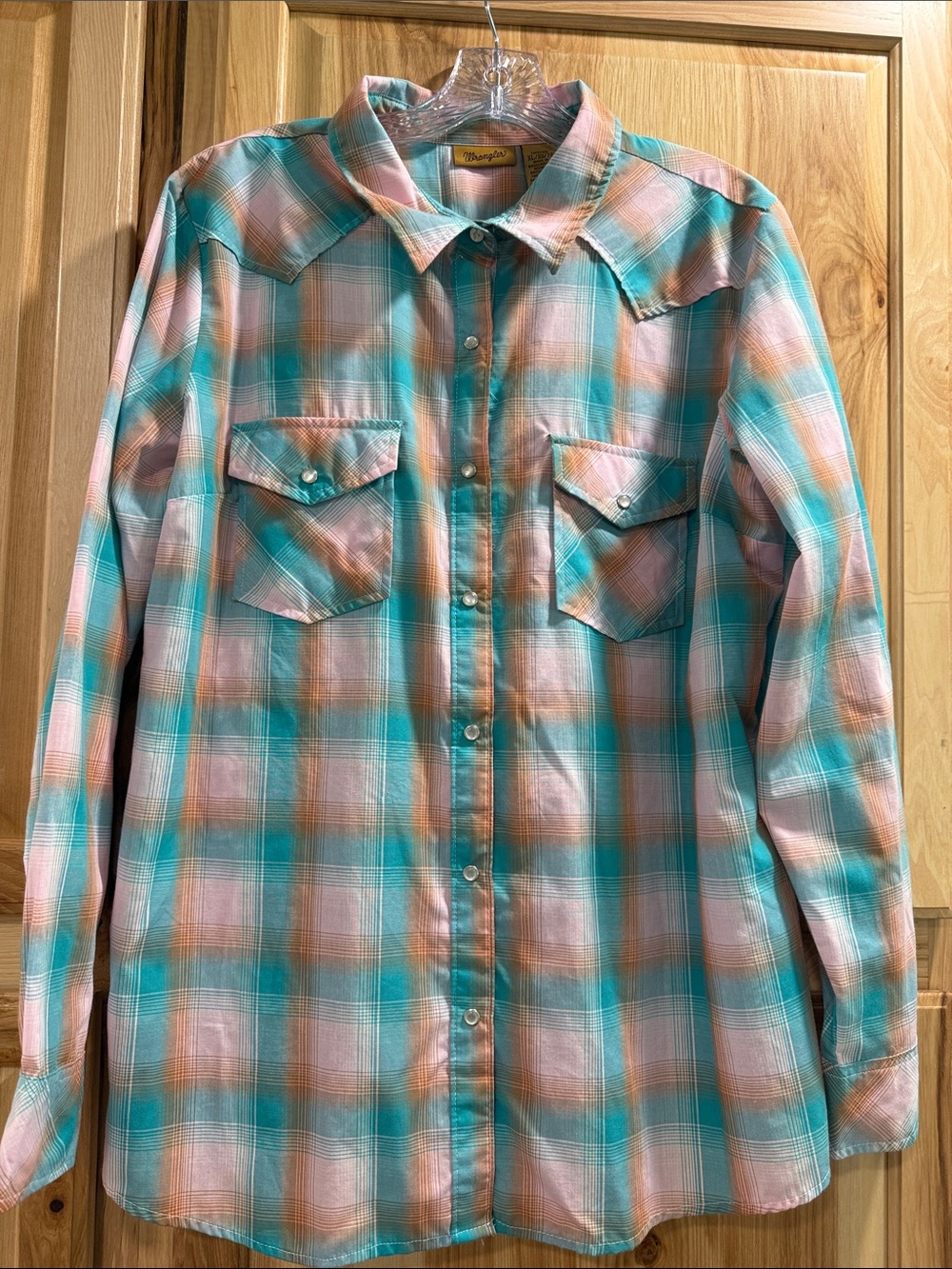 Wrangler Plaid Western Cowgirl Pearl Snap Teal Coral Plaid Button Shirt Size XL